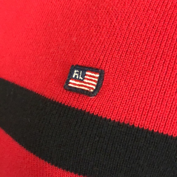 Vintage RALPH LAUREN Size Large Pullover Red Black Ribbed Cotton Embroidery Flag - Picture 15 of 16